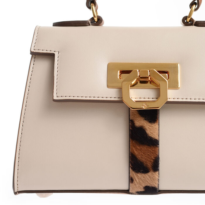 Borsa in pelle Licia - Beige/Cuoio con inserto cavallino leopard - immagine 3