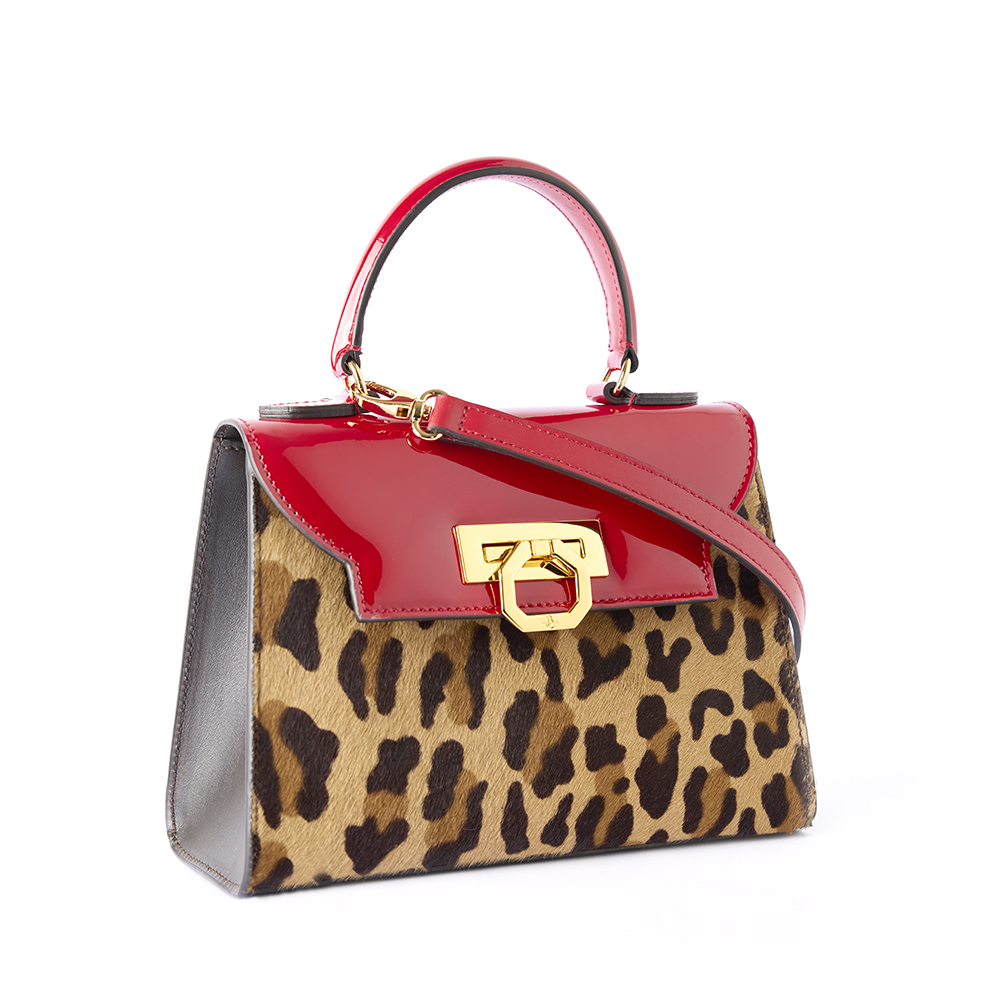 Erika leather handbag pony leopard/patent red